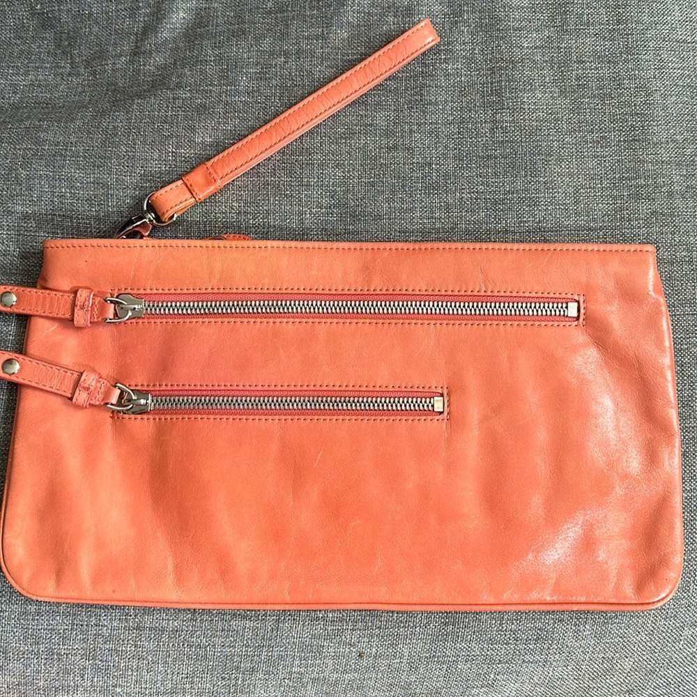 Hobo Peach Pink Leather Silver Double Zipper Clutch Purse